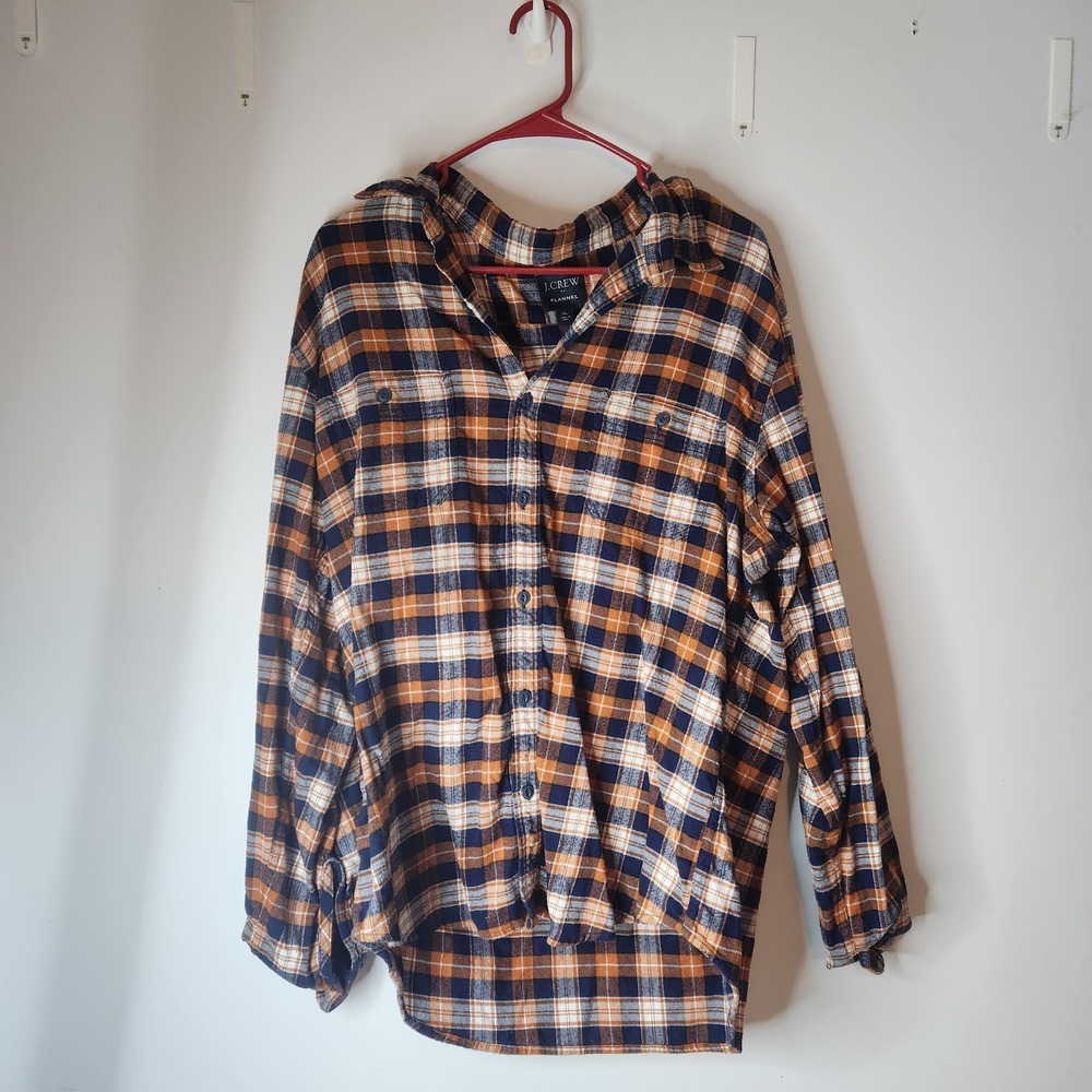 J.Crew Mens XL Flannel Shirt Navy Blue Orange Plaid Button Down Long Sleeve